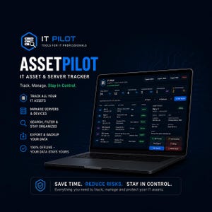 May include: A laptop displays the IT Pilot AssetPilot software interface. The software tracks IT assets and servers, with options to manage, search, filter, and export data. Text on the screen includes "Track. Manage. Stay in Control."
