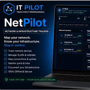 Op de afbeelding: Een laptopscherm toont de NetPilot netwerk- en infrastructuurtracker interface. De software, van IT Pilot, heeft een donkerblauwe interface met informatie over netwerkapparaten en verbindingen. De tekst luidt: "Map your network. Know your infrastructure."