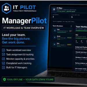 Op de afbeelding: Een laptopscherm toont de "ManagerPilot" IT workload en teamoverzicht software. De interface toont teamlidtoewijzingen, workload samenvattingen en taakvolg informatie. De software is ontworpen voor IT-professionals en managers.