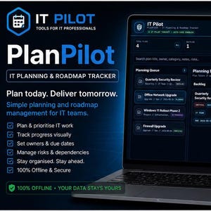 Op de afbeelding: Een laptopscherm toont PlanPilot, een IT-planning- en roadmap-tracker. De interface is donkerblauw met witte tekst en toont projectmanagementfuncties. De tekst bevat "Plan vandaag. Lever morgen."