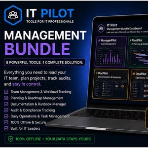 Op de afbeelding: Een laptopscherm toont de "IT Pilot Management Bundle" interface. Het scherm toont softwaremodules voor teammanagement, planning & roadmap en audit & compliance. Tekst op het scherm benadrukt functies en de mogelijkheid om 36% te besparen.