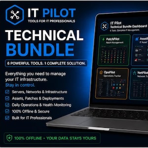Op de afbeelding: Een laptop toont het "IT Pilot Technical Bundle Dashboard" met zes softwaretools voor IT-professionals. Het scherm toont tools voor patchbeheer, asset tracking, implementatie, operaties, netwerk tracking en infrastructuur. De afbeelding bevat de tekst "SAVE 33% vs buying individually."