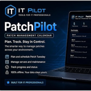 Op de afbeelding: Een laptop toont de "IT Pilot PatchPilot" interface, een patch management kalender. Het scherm toont serverstatus, dagschema's en snelle acties. De tekst luidt: "Plan. Volg. Blijf in controle."