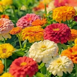 May include: A vibrant cluster of zinnia flowers in various shades of red, orange, yellow, pink, and cream. Each flower features dense, layered petals radiating from a central disk, supported by green stems amidst lush green foliage in a garden.