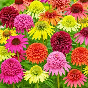 May include: A vibrant collection of coneflower blossoms in various shades of pink, magenta, orange, and yellow. The flowers feature prominent, raised, textured centers surrounded by drooping, elongated petals, creating a dense, colorful floral display.