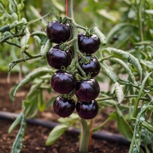 May include: A cluster of round, deep purple tomatoes hanging from a green vine. The tomatoes have a smooth, glossy skin and are attached to a central stem. The plant features green leaves and stems, with the tomatoes growing in a bunch.