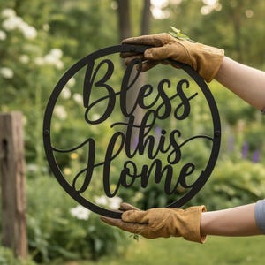 Bless This Home Metal Sign, Script Christian Wall Art, Round Farmhouse Entryway Decor, Housewarming Gift, Faith Home Decor
