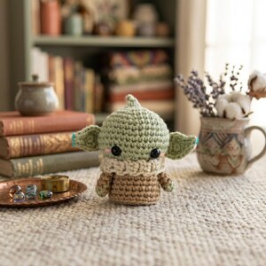 May include: A small, handmade crochet doll featuring a light green head with large black eyes, pointed ears, and pink cheeks. The doll wears a cream-colored collar and a brown body. It is a soft, plush toy crafted with yarn in a textured stitch.