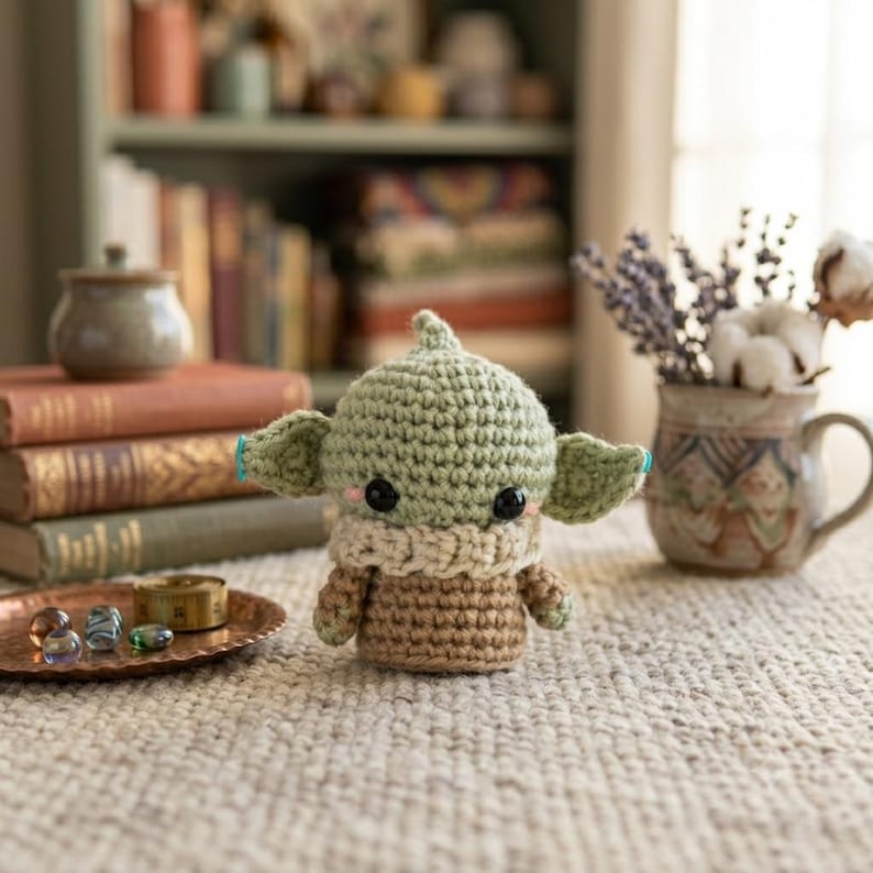 May include: A small, handmade crochet doll featuring a light green head with large black eyes, pointed ears, and pink cheeks. The doll wears a cream-colored collar and a brown body. It is a soft, plush toy crafted with yarn in a textured stitch.