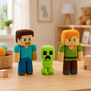 May include: Three crocheted Minecraft character figures: Steve, a Creeper, and Alex. Steve has a brown head, blue shirt, and blue trousers. The Creeper is green. Alex has an orange head, green shirt, and brown trousers. They are on a wooden surface.