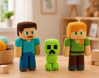 手作りのマインクラフトあみぐるみぬいぐるみセット スティーブ、アレックス、クリーパーの編みぐるみ人形