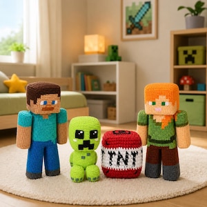 May include: Crocheted Minecraft character figures, including Steve, Alex, a Creeper, and a TNT block, are displayed on a rug. The figures are in various colors, such as blue, green, brown, and red. The TNT block has the letters "TNT" on it.