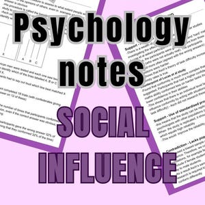 Puede incluir: Un póster rosa con el texto "AQA A-level Psychology notes SOCIAL INFLUENCE" en letras negritas. La imagen presenta una ilustración detallada de un cerebro y texto de un estudio de psicología.