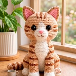 May include: A handmade crochet cat doll in shades of tan and white, with brown stripes and pink accents on the ears and nose. The cat has large black eyes and white paws. A small teacup sits nearby. The cat is sitting on a wooden surface.