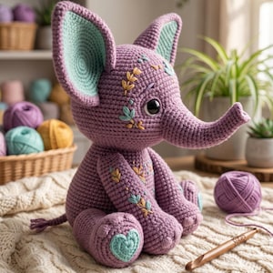 May include: A handcrafted, purple crochet elephant with teal accents on the ears and feet. The elephant has embroidered floral details and sits on a cream-colored, textured blanket. A ball of purple yarn and a crochet hook are nearby.