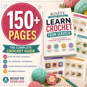 Puede incluir: Un libro de instrucciones de ganchillo titulado Ignite Crochet Academy Learn Crochet From Scratch, con más de 150 páginas, tutoriales paso a paso y técnicas. El libro se muestra con ovillos de lana, un ganchillo y páginas abiertas.