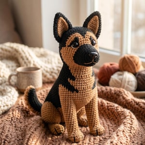 May include: A crocheted German Shepherd dog in tan and black, sitting on a brown knitted blanket. The dog has a black nose and eyes, with a tan muzzle and ears. A mug and yarn balls are in the background.