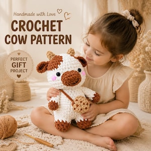 Pode incluir: Uma pelúcia de vaca em crochê branca e marrom com uma pequena bolsa combinando em formato de biscoito. O texto na imagem diz: Handmade with Love, CROCHET COW PATTERN, PERFECT GIFT PROJECT. A vaca tem olhos pretos, bochechas rosas e chifres.