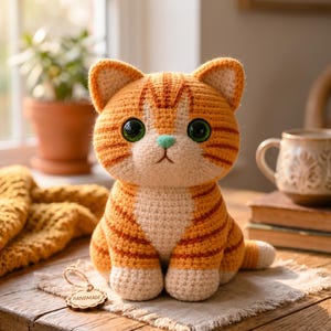Può includere: Un gatto all'uncinetto fatto a mano, arancione e crema, con occhi verdi e naso verde chiaro. Il gatto ha strisce arancioni ed è seduto su un panno di lino. Un'etichetta di legno con "handmade" è attaccata.