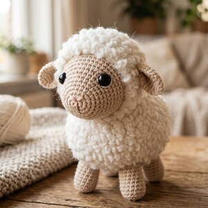 Pode incluir: Um brinquedo de ovelha de crochê feito à mão, com um corpo branco e fofo e um rosto, orelhas e pernas bege. A ovelha tem olhos grandes e pretos e está em uma superfície de madeira. Uma bola de lã e um cobertor de malha estão no fundo.
