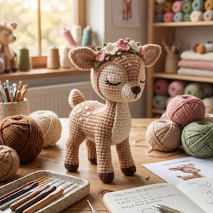 Può includere: Un amigurumi di cerbiatto all'uncinetto fatto a mano con una corona floreale, su un tavolo di legno. Il cerbiatto è marrone chiaro con macchie bianche e occhi chiusi. Sono visibili anche uncinetti, gomitoli di lana e un taccuino con il testo "Baby Fawn Amigurumi Pattern".