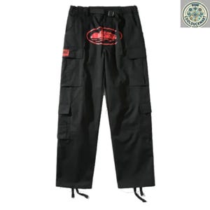 May include: Black cargo pants with multiple pockets and a belt. A red graphic is printed on the front. The pants have a relaxed fit and are made of a durable fabric. The pants have a drawstring at the bottom of each leg.