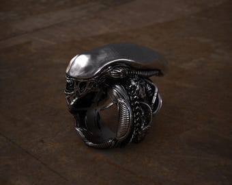 Alien Ring, 925 Sterling Silver Sci Fi Jewelry, Handmade Extraterrestrial Ring, Gothic Space Creature Ring, Bold Mens Statement Ring
