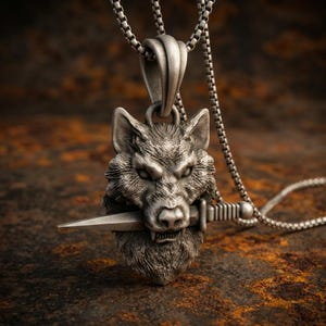 May include: A silver-toned metal pendant featuring a detailed wolf head sculpture with a dagger held horizontally in its mouth. The pendant is suspended from a matching silver-toned box chain, showcasing intricate fur textures and sharp fangs.