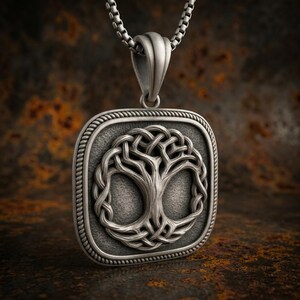 May include: A silver-toned pendant featuring a raised tree design with intertwined branches enclosed in a square frame with a rope-style border. The pendant hangs from a matching silver-toned box chain, showcasing a textured, dark metallic finish.