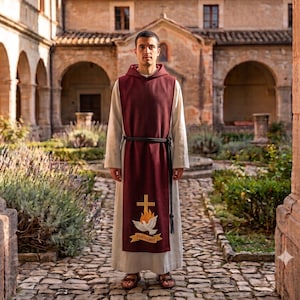 May include: A long-sleeved, light-colored robe worn under a dark maroon hooded tabard. The tabard features a black rope belt at the waist and an embroidered design at the bottom showing a gold cross, orange flames, a white dove, and the text PENTECOST.