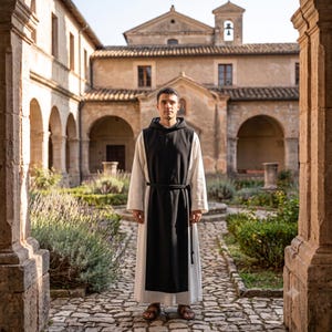 May include: A person wearing a long-sleeved white robe with a black hooded scapular and a black cord belt. The garment features a hood, long sleeves, and a floor-length hem, worn with brown sandals in a stone-paved courtyard setting.