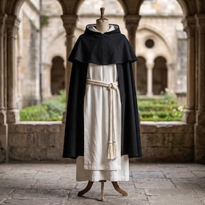 May include: A full-length white robe featuring a high neckline and a thick, knotted rope belt with tasseled ends. Over the robe is a black hooded cape that drapes over the shoulders, featuring a structured collar and a front-facing hood.