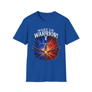 Wake Up Warrior T-Shirt | Sword, Blue & Red Energy Burst, Fantasy Graphic