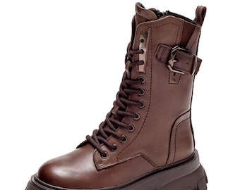 Sherman Women's Boots |Lace-Up Mid Calf Boots | Chunky Platform Lug Sole Boots | Handmade Leather Motorcycle Boots | Winter Fashion Footwear