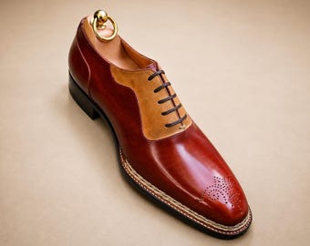 Hand Painted Cognac Brown Oxford Shoes for Men | Luxury Leather Dress Shoes | Medallion Toe Wedding Groom Formal Shoes