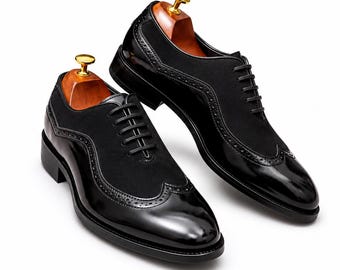 Men's Handmade Black Leather & Suede Oxford Shoes, Luxury Dress Shoes, Formal Wedding Business Office Footwear