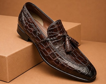 Handmade Brown Crocodile Texture Leather Formal Dress Moccasin Shoes for Men