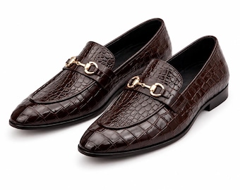 Men's Handmade Brown Leather Crocodile Moccasin Leather Dress Formal Men Shoes