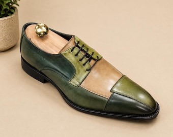 Green Tan Derby Shoes for Men | Two Tone Leather Cap Toe Dress Shoes | Handmade Vintage Formal Wedding Groom Shoes