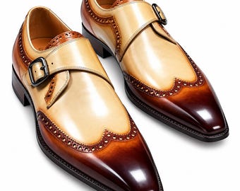 Men's Brown Leather Monk Strap Shoes, Two Tone Wingtip Dress Shoes, Handmade Formal Footwear, Wedding & Business Shoes