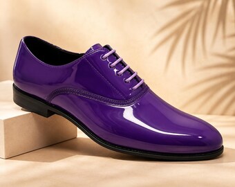 Men's Purple Patent Leather Oxford Shoes, Handmade Formal Dress Shoes, Luxury Wedding Party Lace Up Shoes