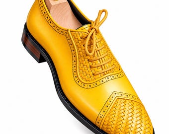 Men's Yellow Leather Dress Shoes, Woven Lace Up Oxford Shoes, Handmade Formal Brogue Footwear, Wedding & Business Shoes