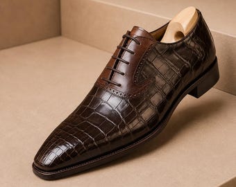 Handmade Men Brown Leather Shoes Lace-Up Crocodile Pattern Formal Dress Shoe