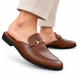 Women's Brown Mule Loafers, Horsebit Slip On Shoes, Backless Dress Loafers, Elegant Office Footwear, Casual Everyday Shoes