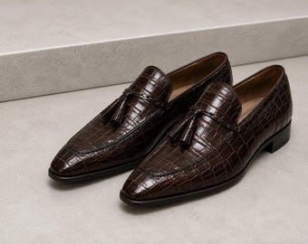 Handmade Brown Crocodile Texture Leather Formal Dress Moccasin Shoes for Men
