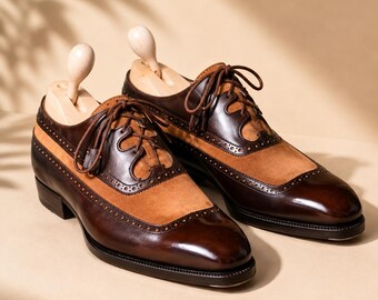 Men's Brown Two Tone Spectator Oxford Shoes, Leather Suede Wingtip Dress Shoes, Handmade Formal Lace Up Shoes