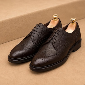 Handmade Brogue Brown Grain Leather Dress Oxford Causal Lace Up Wingtip Shoes