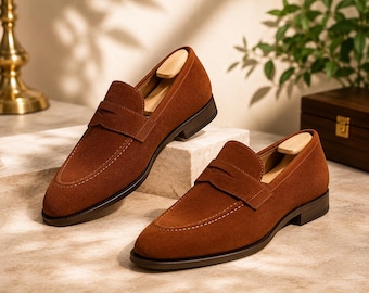 Men's handmade brown suede leather loafers formal moccasins slip on dress shoes