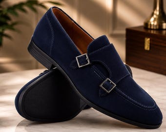 Men's handmade blue suede leather loafers formal monk moccasins slip on shoes