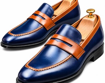 Men's Navy Blue Leather Loafers, Penny Loafers, Slip On Dress Shoes, Brown Accent Formal Wedding Shoes